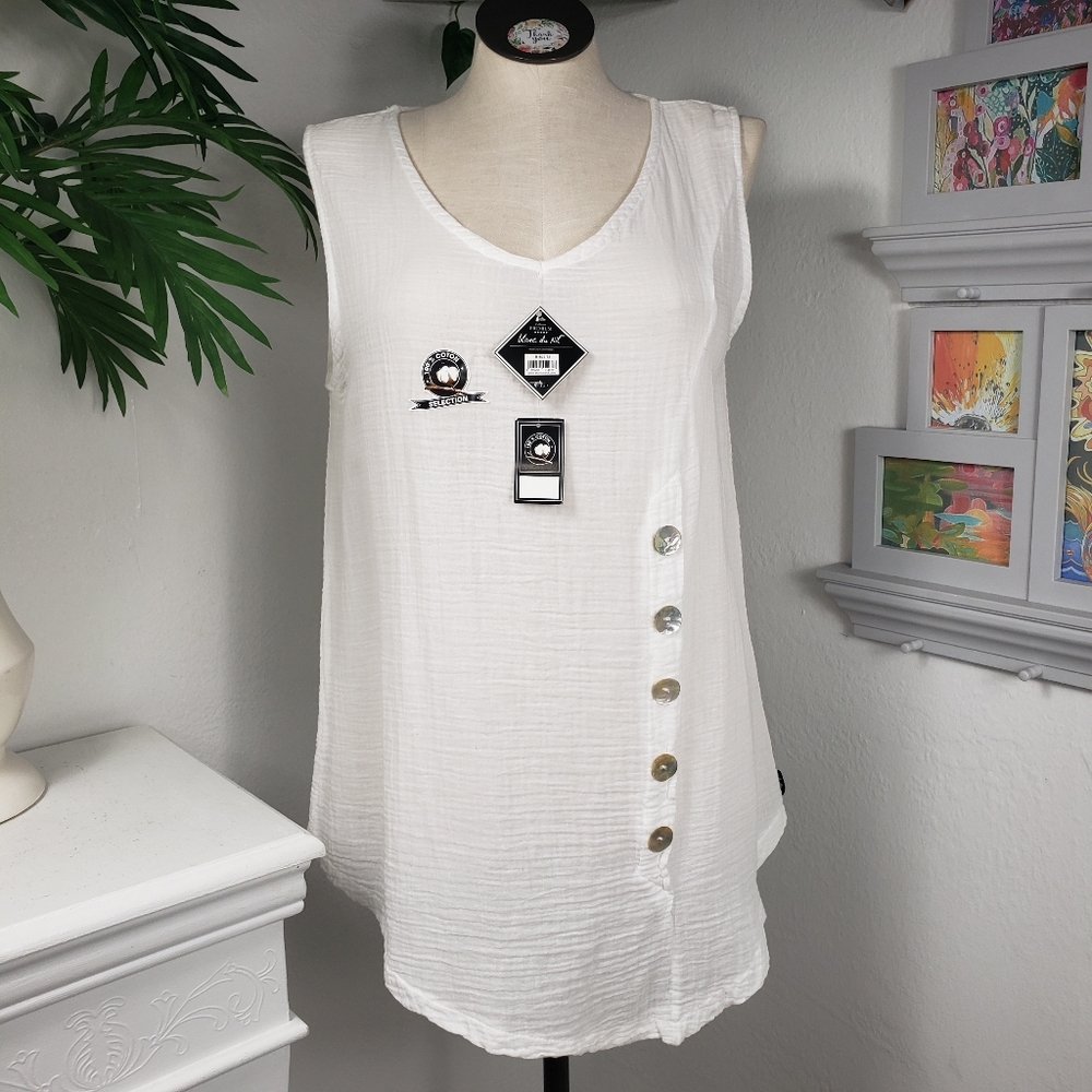 Blanc du Nil White 100% Cotton Gauze w/ Abalone Buttons Coastal Beach Bohemian L